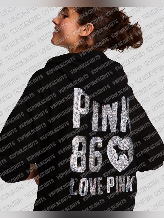 PINK Victoria's Secret Tops - VS PINK CAMPUS FLEECE FULL ZIP HOODIE SWEATSHIRT BLACK BLING 86 LOVE HEART NWT
